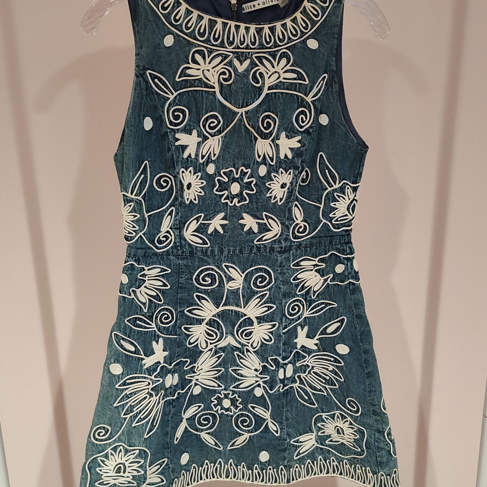 Alice + Olivia Blue and White Embroidered Mini Dress